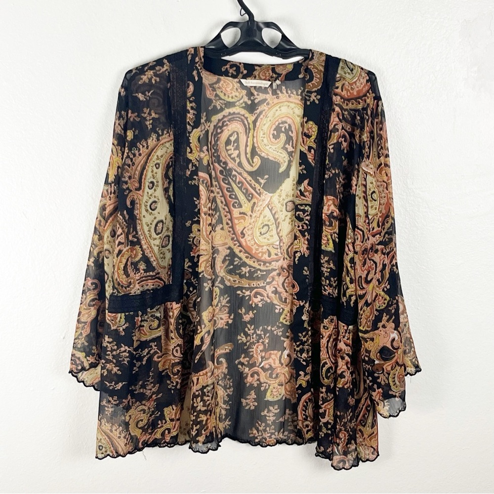 SOFT SURROUNDINGS Isabella Black Sheer Paisley Print Chiffon Kimono, Size Large